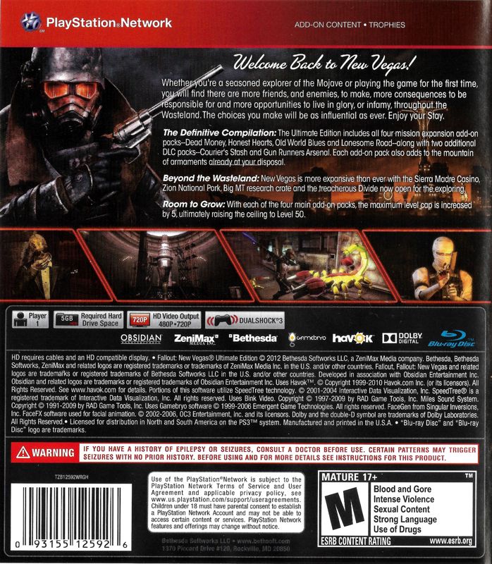 Back Cover for Fallout: New Vegas - Ultimate Edition (PlayStation 3) (Greatest Hits release)