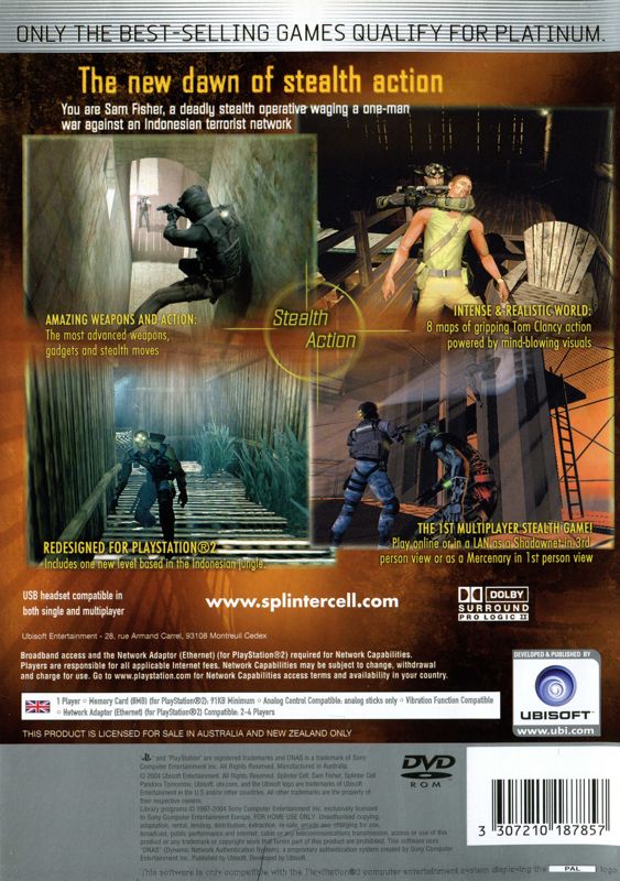 Back Cover for Tom Clancy's Splinter Cell: Pandora Tomorrow (PlayStation 2) (Platinum release)