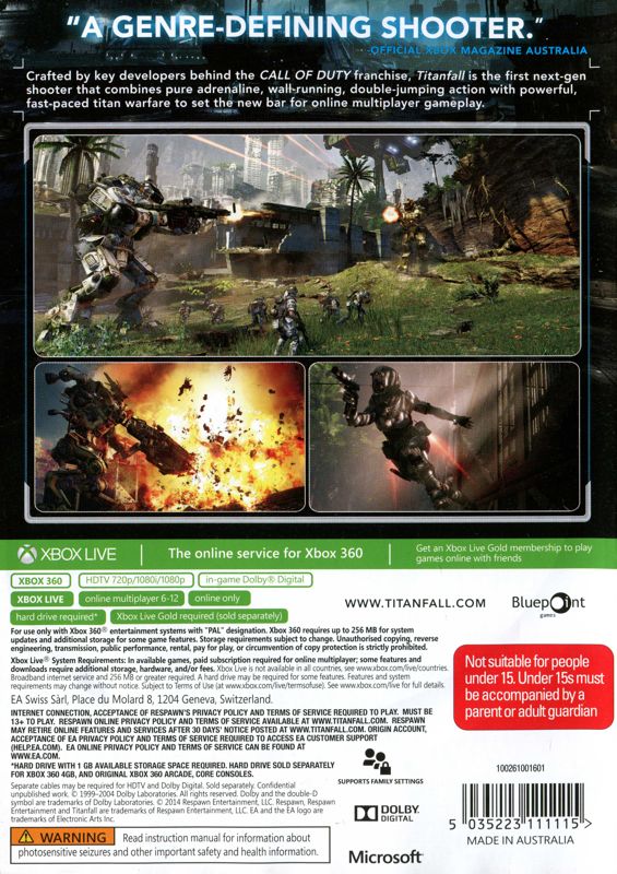 Back Cover for Titanfall (Xbox 360)