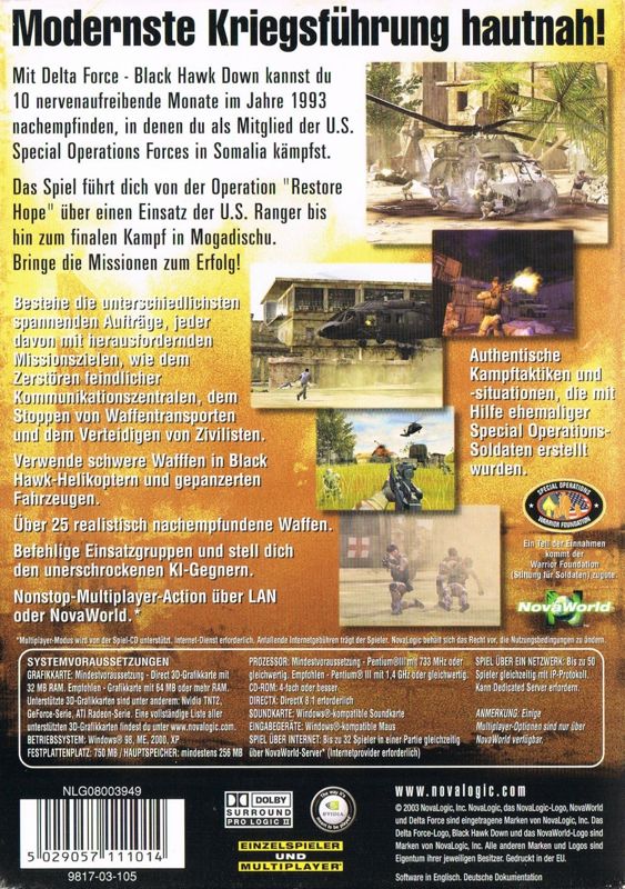 Back Cover for Delta Force: Black Hawk Down (Windows) (Front Cover with old USK-Logo)
