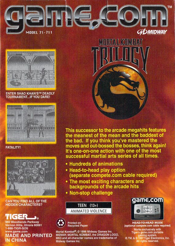 Back Cover for Mortal Kombat Trilogy (Game.Com)