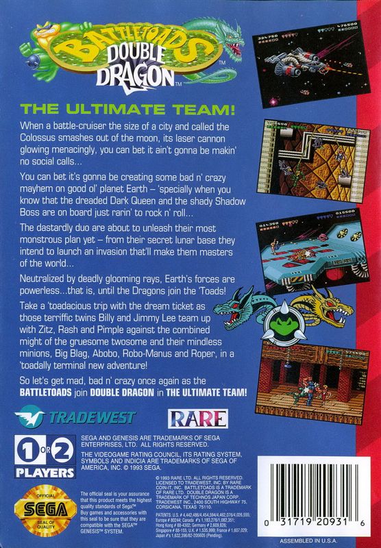 Back Cover for Battletoads / Double Dragon (Genesis)