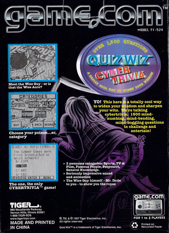 Back Cover for Quiz Wiz: Cyber Trivia (Game.Com)