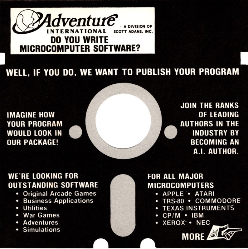 Advertisement for Scott Adams' Graphic Adventure #1: Adventureland (Apple II) (Styrofoam folder): Game recruitment Front