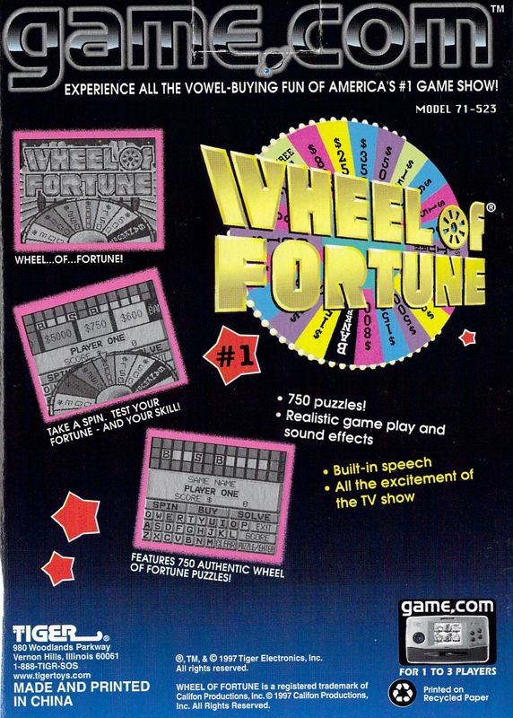 Back Cover for Wheel of Fortune (Game.Com)