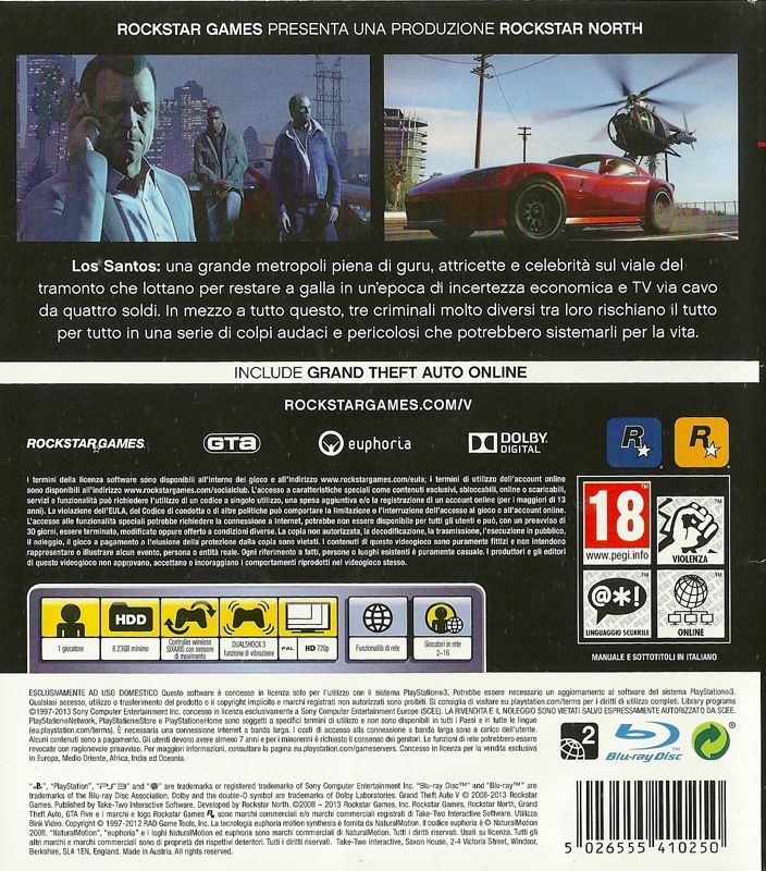 Back Cover for Grand Theft Auto V (PlayStation 3)