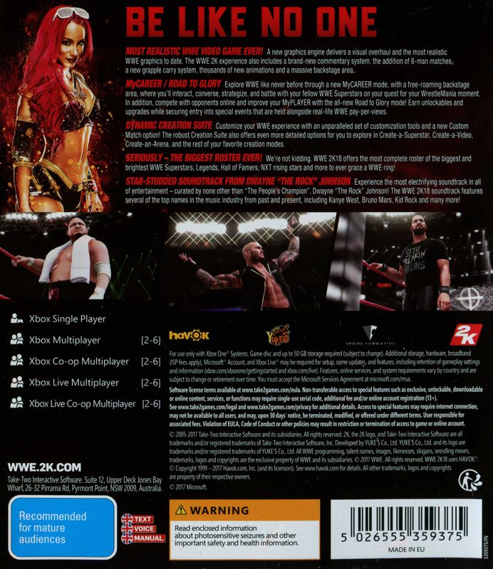 Back Cover for WWE 2K18 (Xbox One)