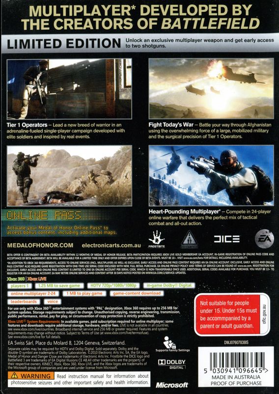 Back Cover for Medal of Honor (Limited Edition) (Xbox 360)