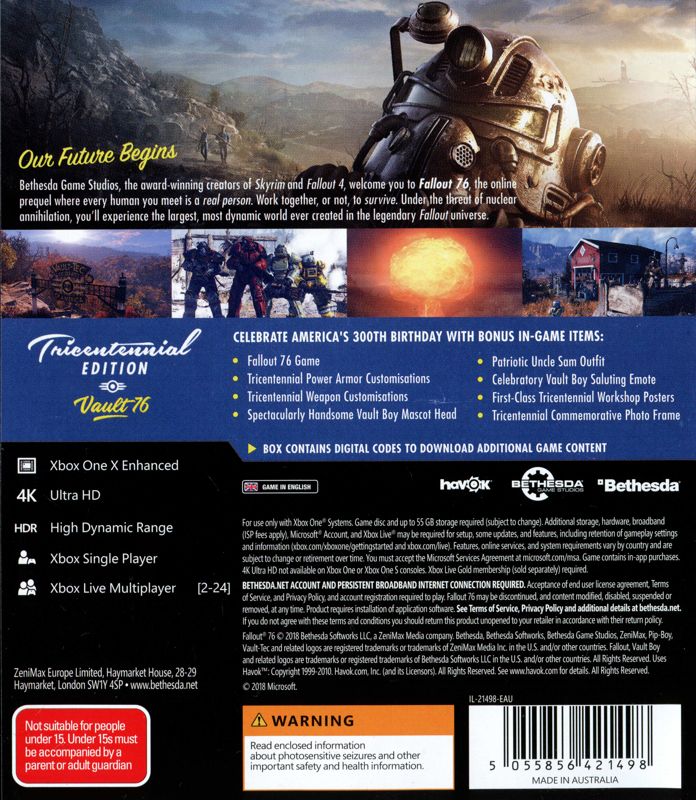 Back Cover for Fallout 76 (Tricentennial Edition) (Xbox One)