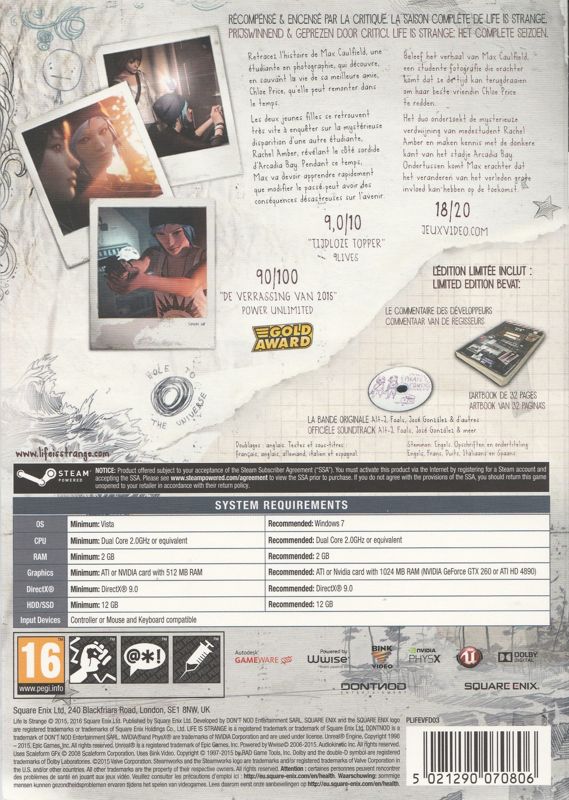 Back Cover for Life Is Strange: Limited Edition (Windows)