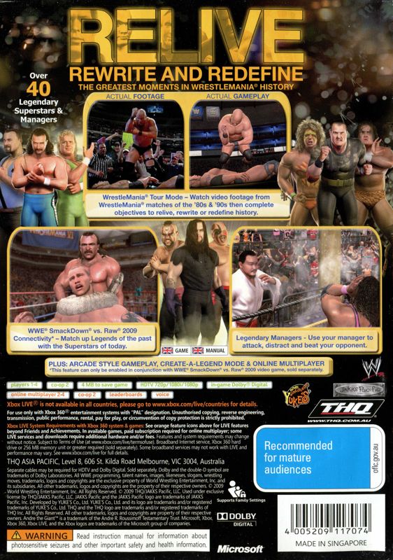 Back Cover for WWE Legends of WrestleMania (Xbox 360)