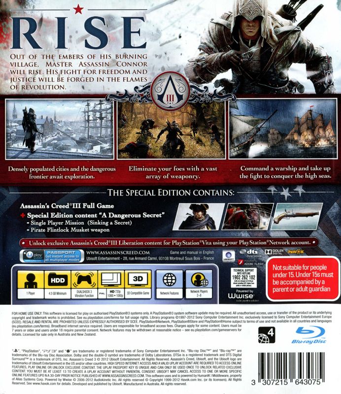 Back Cover for Assassin's Creed III (Special Edition) (PlayStation 3)