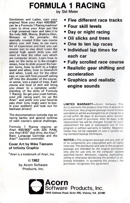 Back Cover for Formula 1 (Atari 8-bit)