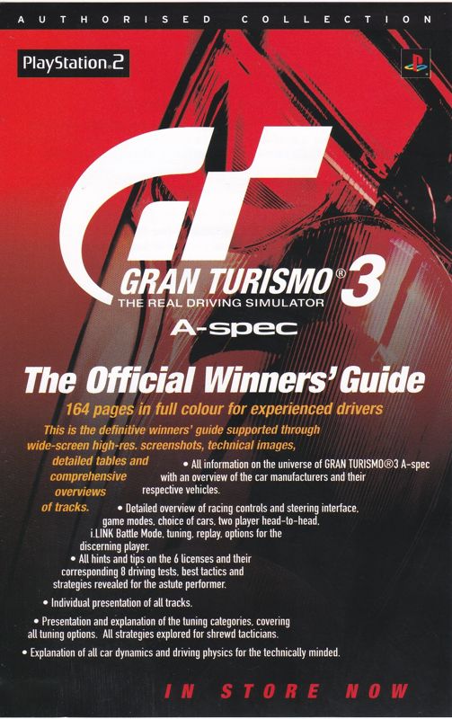 Advertisement for Gran Turismo 3: A-spec (PlayStation 2): Advert for the game guide, an ad for the European Winners League is on the reverse