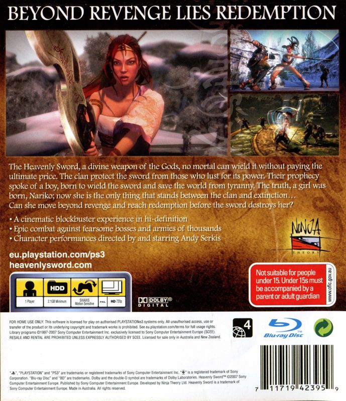 Back Cover for Heavenly Sword (PlayStation 3)