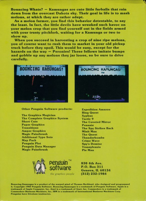 Back Cover for Bouncing Kamungas (Apple II and Commodore 64) (slipcase box)