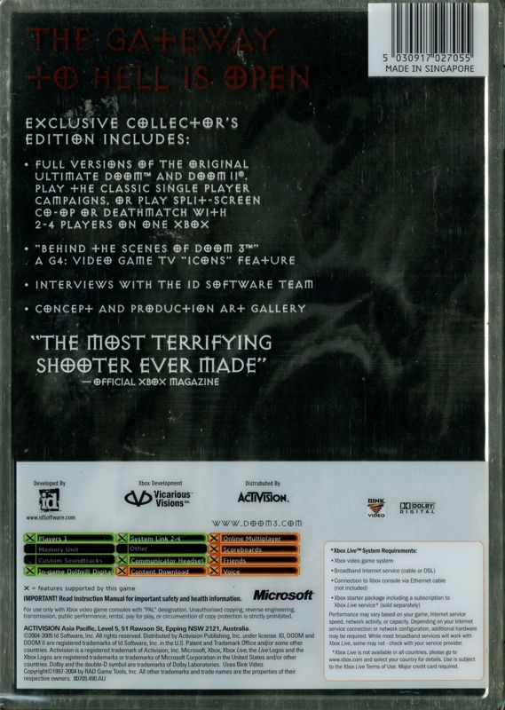 Back Cover for Doom³ (Limited Collector's Edition) (Xbox)