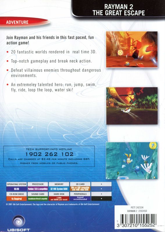 Back Cover for Rayman 2: The Great Escape (Windows) (Ubisoft eXclusive release)