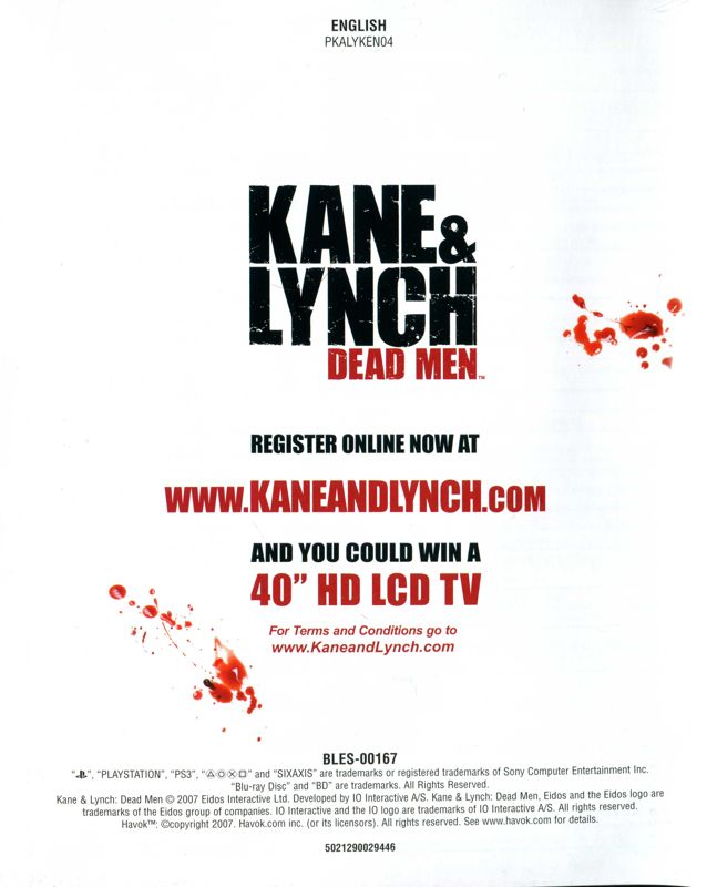 Manual for Kane & Lynch: Dead Men (PlayStation 3) (European English release): Back