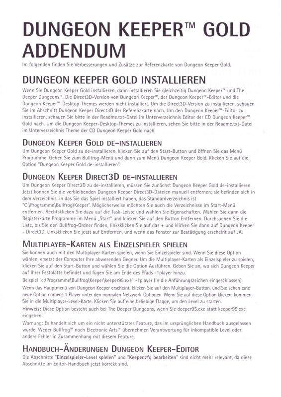 Other for Dungeon Keeper: Gold Edition (Windows) (EA Classics release): Addendum - Front