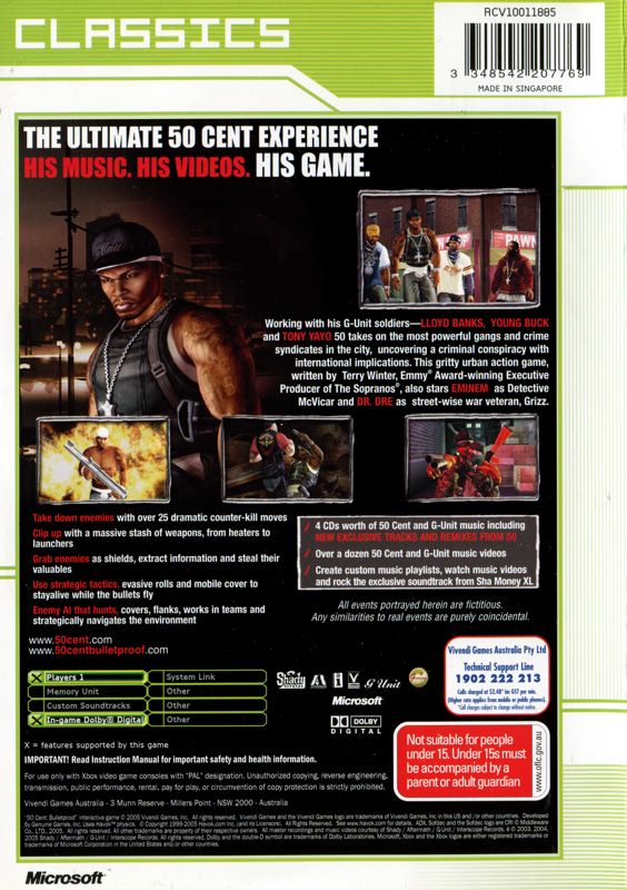 Back Cover for 50 Cent: Bulletproof (Xbox) (Classics release)