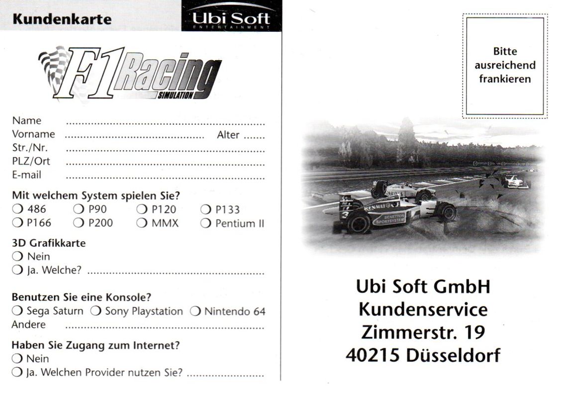 Other for F1 Racing Simulation (Windows): Registration Card Front