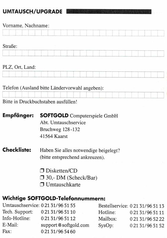 Extras for Star Wars: Rebel Assault II - The Hidden Empire (DOS and Windows) (1st German release (Game=English/Manuals=German)): Order Form - Front