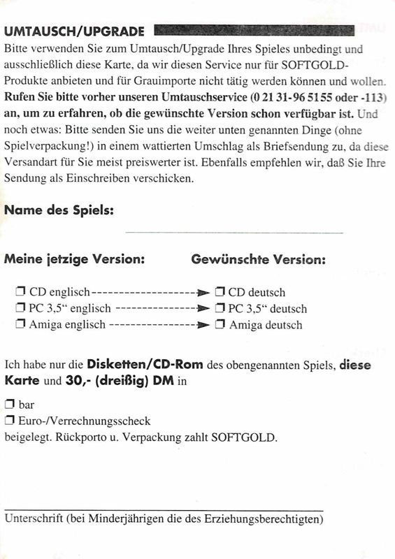 Extras for Star Wars: Rebel Assault II - The Hidden Empire (DOS and Windows) (1st German release (Game=English/Manuals=German)): Order Form - Back