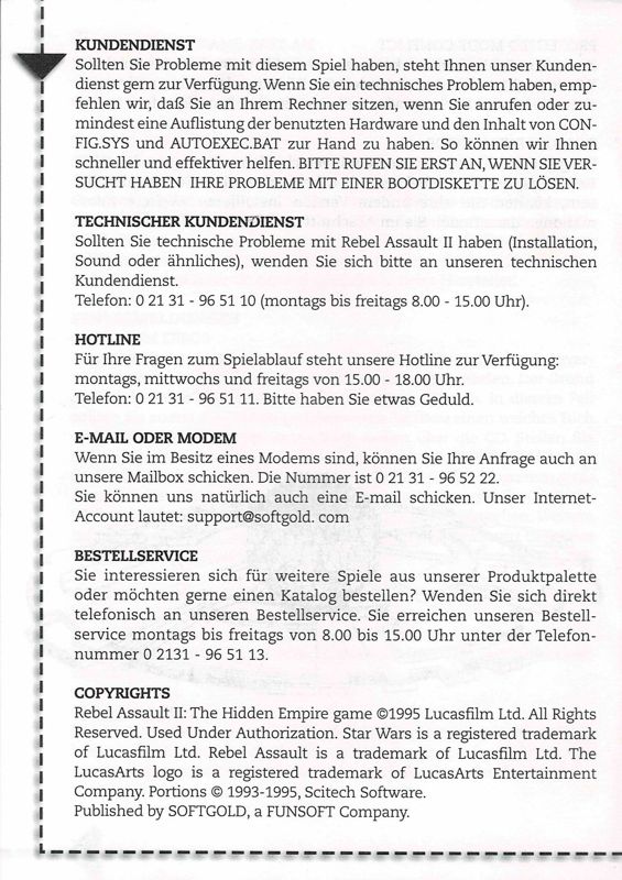 Extras for Star Wars: Rebel Assault II - The Hidden Empire (DOS and Windows) (1st German release (Game=English/Manuals=German)): Trouble Shooting - Back