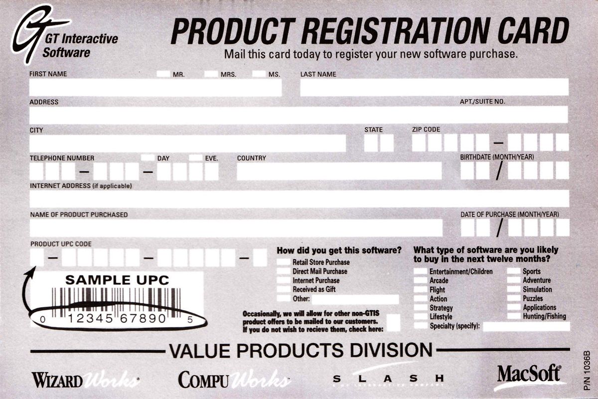 Other for The 7th Guest (Windows) (Windows 95/98 version): Registration Card - Back