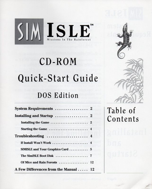 Other for SimIsle: Missions in the Rainforest (DOS): Quick Start Guide Front