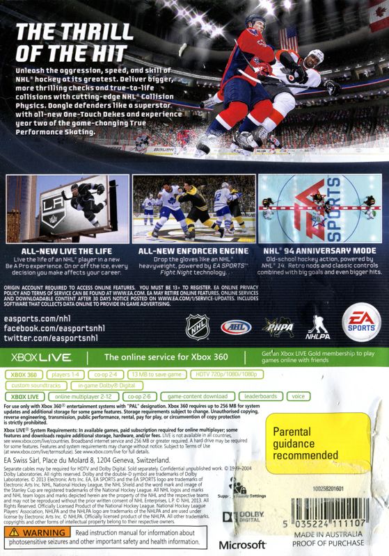 Back Cover for NHL 14 (Xbox 360)