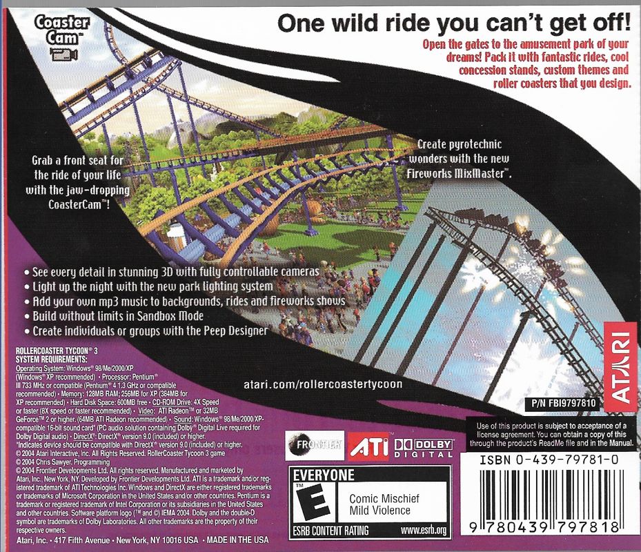 Back Cover for RollerCoaster Tycoon 3 (Windows) (Scholastic release)