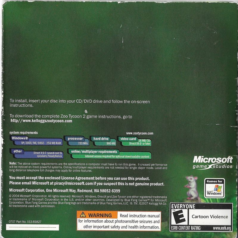 Back Cover for Zoo Tycoon 2 (Windows) (Kellogg's promotional release)