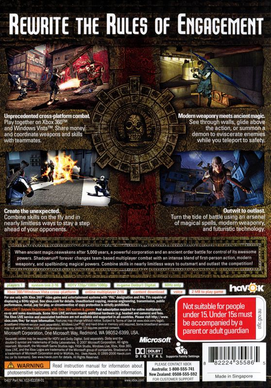 Back Cover for Shadowrun (Xbox 360)