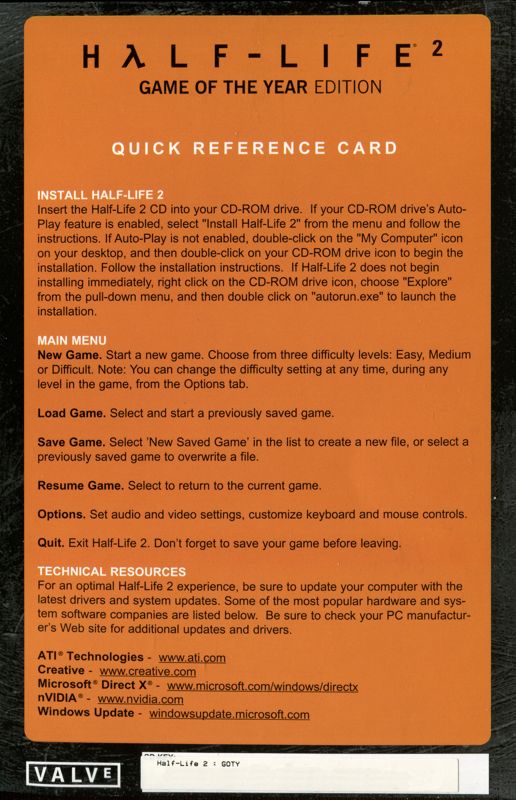 Reference Card for Half-Life 2: Game of the Year Edition (Windows): Back