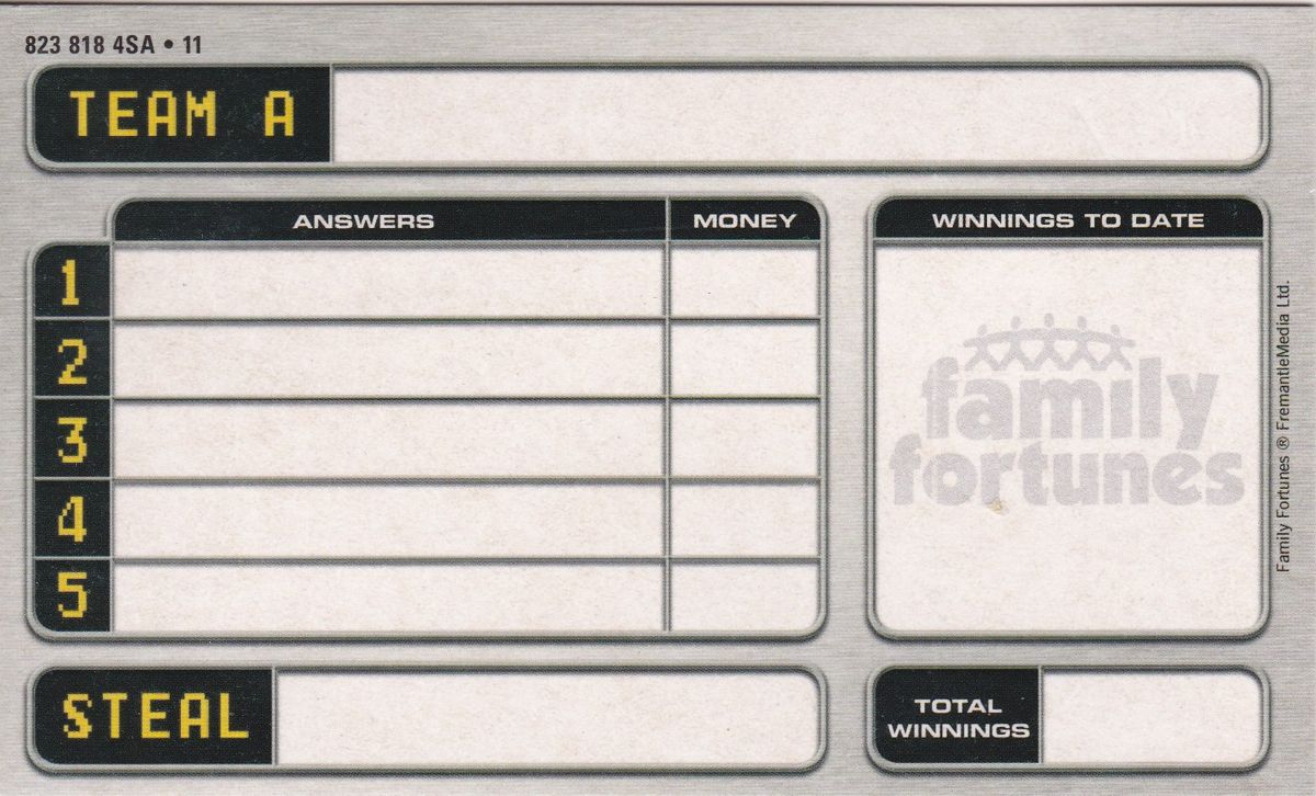 Extras for Family Fortunes: The Interactive TV Game (DVD Player): Wipe Clean Scorecard: Team A - The reverse is blank