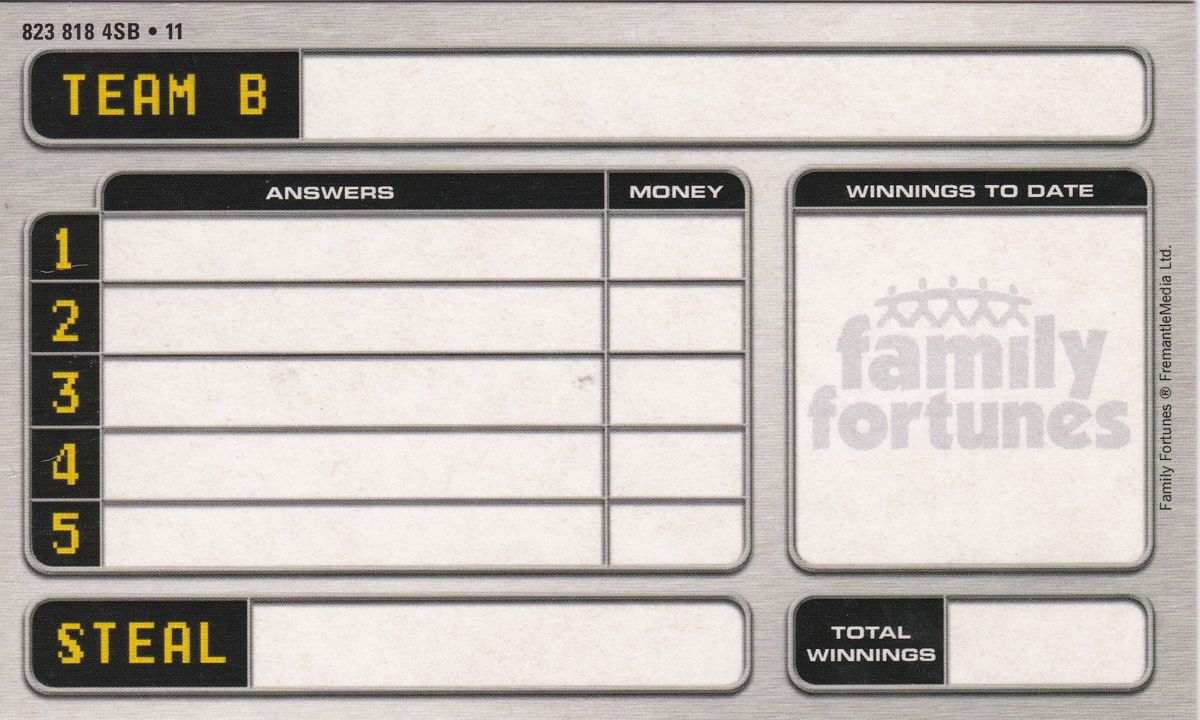 Extras for Family Fortunes: The Interactive TV Game (DVD Player): Wipe Clean Scorecard: Team B - The reverse is blank