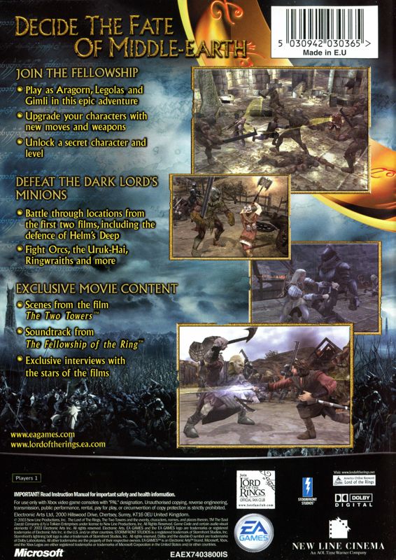 Back Cover for The Lord of the Rings: The Two Towers (Xbox)