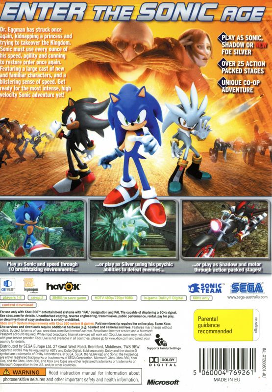 Back Cover for Sonic the Hedgehog (Xbox 360)