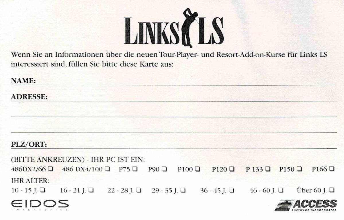 Extras for Links LS: Legends in Sports - 1997 Edition (DOS): Registration Card - Back