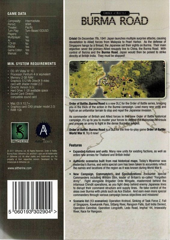 Back Cover for Order of Battle: Burma Road (Macintosh and Windows) (Mail order release)