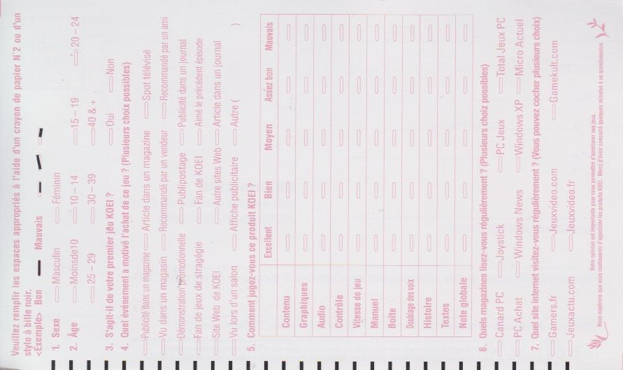 Other for Dynasty Warriors 4 (Windows) (CD+DVD release (PDF manual)): Registration Card - Back