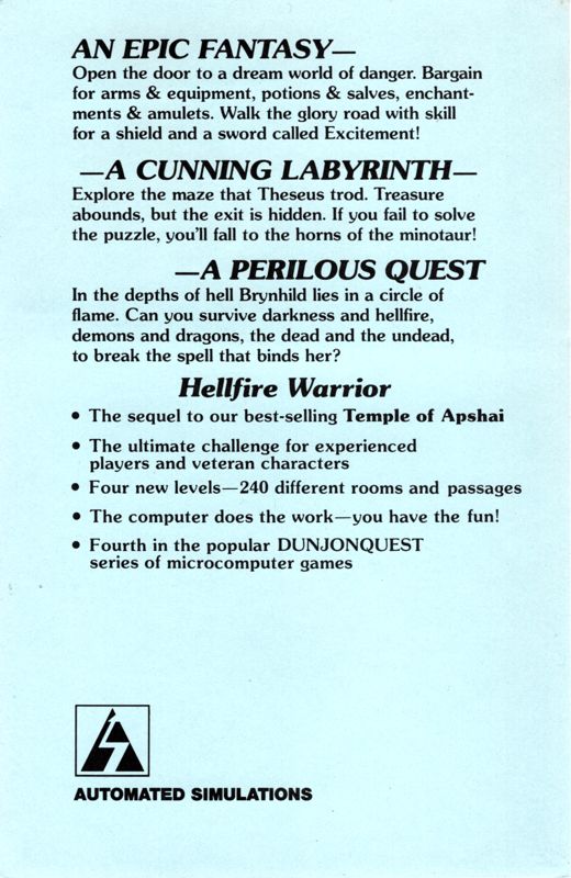 Reference Card for Dunjonquest: Hellfire Warrior (Apple II): Back