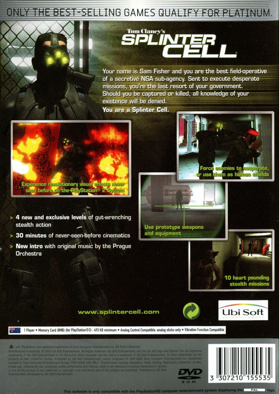 Back Cover for Tom Clancy's Splinter Cell (PlayStation 2) (Platinum release)