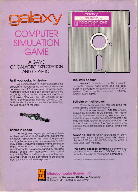 Back Cover for Galaxy (Apple II and Atari 8-bit) (Flippy Disk release): Galaxy box back cover from Apple II / Atari 8-bit version