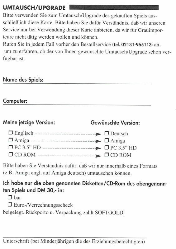 Extras for Star Wars: X-Wing - Collector's CD-ROM (DOS) (1st German release (game in English, manual in German)): Upgrade Order Form - Back