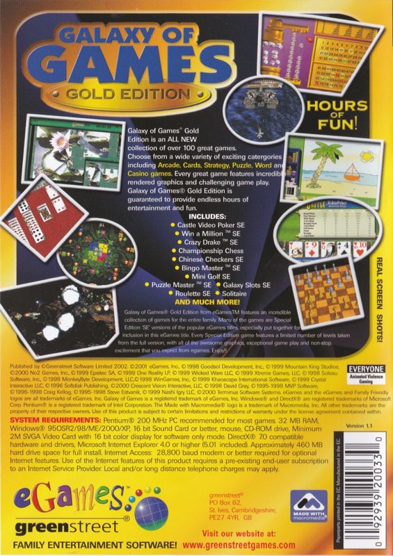 Back Cover for Galaxy of Games: Gold Edition (Windows)