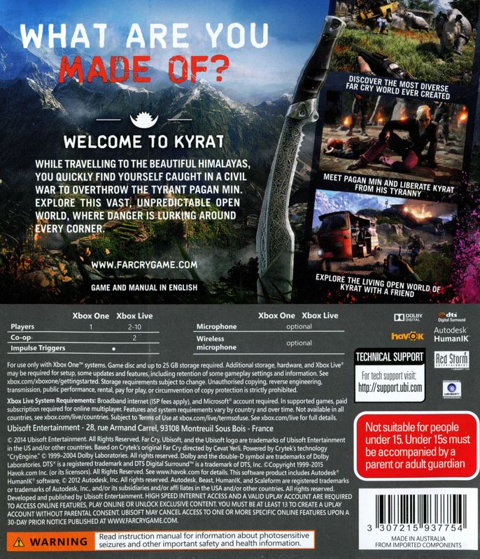 Back Cover for Far Cry 4 (Xbox One) (Greatest hits release)