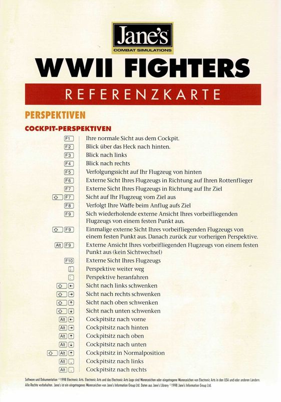 Reference Card for Jane's Combat Simulations: WWII Fighters (Windows): Front